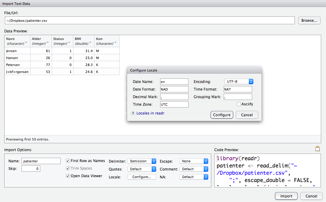 Import af data gennem RStudios `File > Import Dataset > From CSV`. Her importeres data fra tekstfilen `patienter.csv`, og nederst er markeret, at søjleadskiller er semikolon. Den lille dialogboks dukker op efter tryk på 'Configure', og her kan man sætte decimaladskiller. Vinduet 'Data preview' viser, hvordan R ser filen med de givne indstillinger, og at det ser fornuftigt ud. R finder de fire søjler med de korrekte formater.