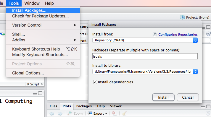 Installation af nye pakker gennem RStudios brugergrænseflade foregår via menupunktet `Tools > Install Packages`. Her installeres pakken `isdals` fra CRAN, der er Rs officielle netværk af tilgængelige pakker.